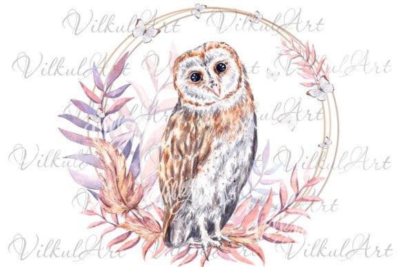 Colorful Owl Png Watercolor Wreath Plant Graphics & Illustrations