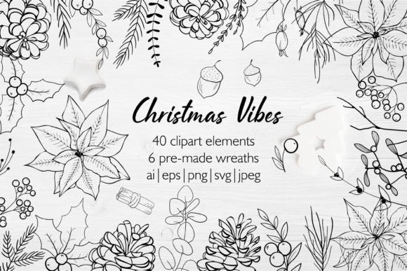 Line Art Christmas Clipart Wreaths for Graphics and Illustrations